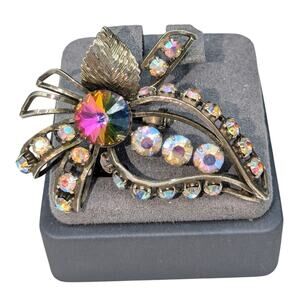 Vintage Antiqued Silver Sparkling Watermelon & AB Rhinestone Brooch